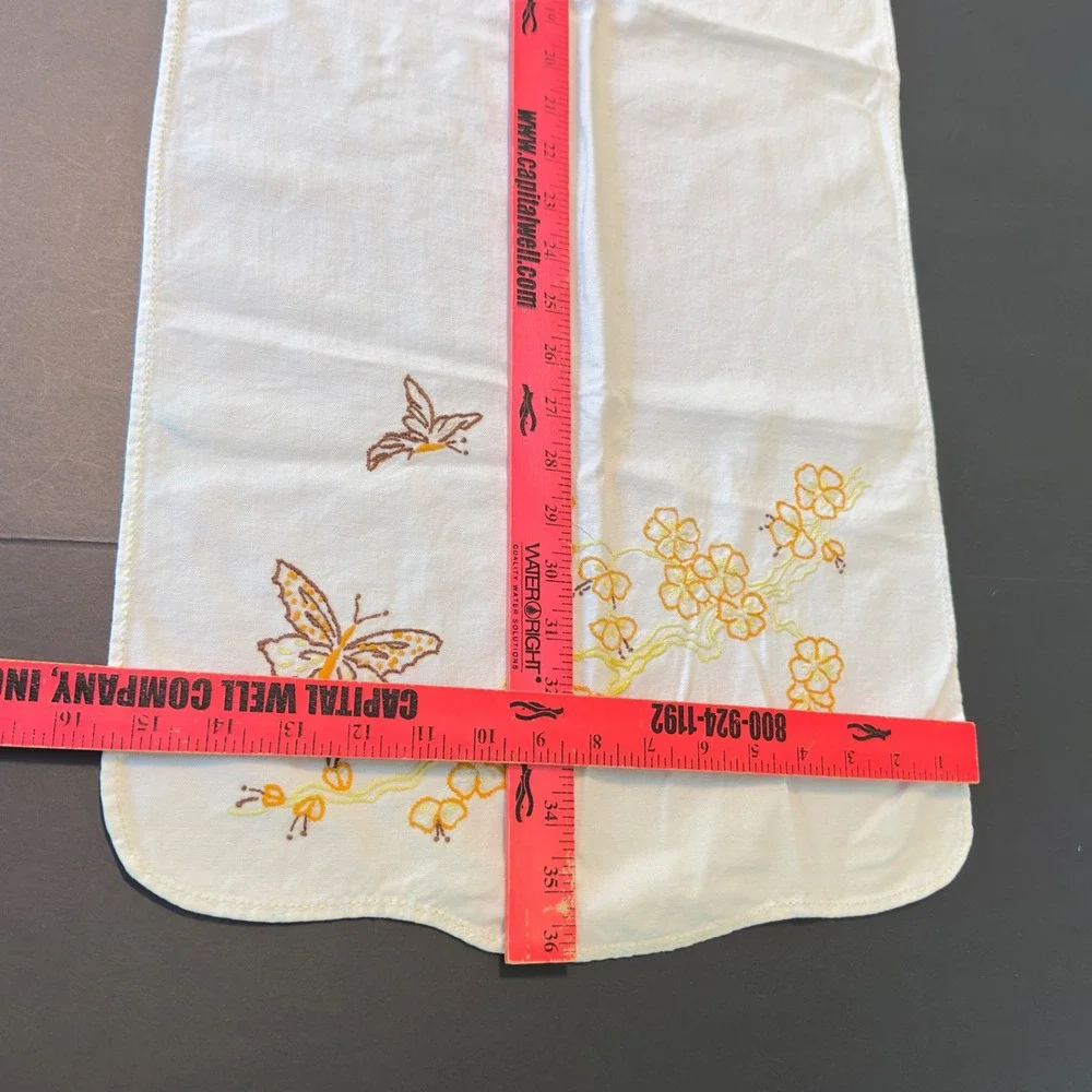 Vintage Embroidered Table Runner Beige Linen Yellow Floral Butterfly 36x15.5